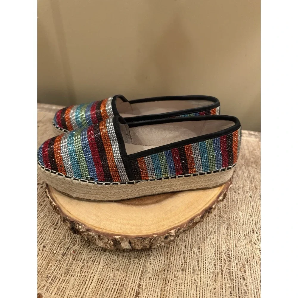 Gianni Bini Bruxie Platform Jeweled Multicolor Stripe Platform Espadrille Sz-8.5